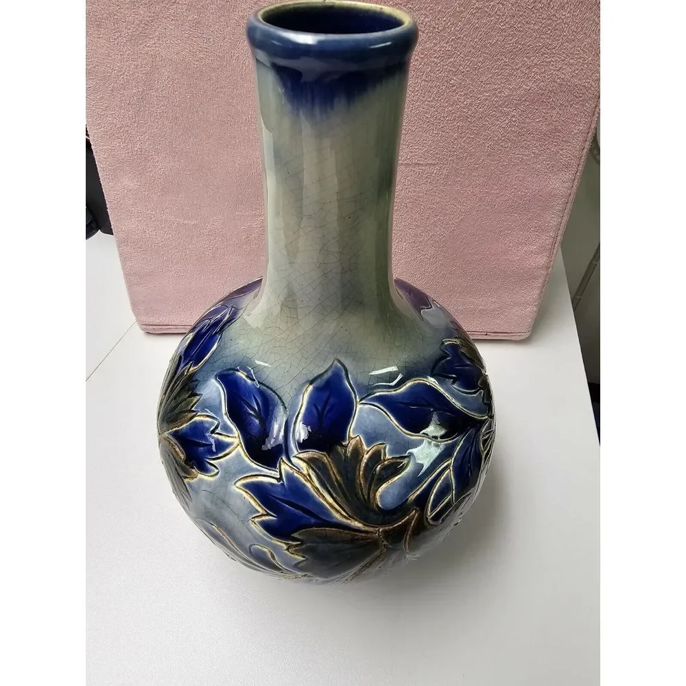Antique‎ Doulton Lambeth Vase 1881 Signed By Louise E Edwards Cobalt Floral
